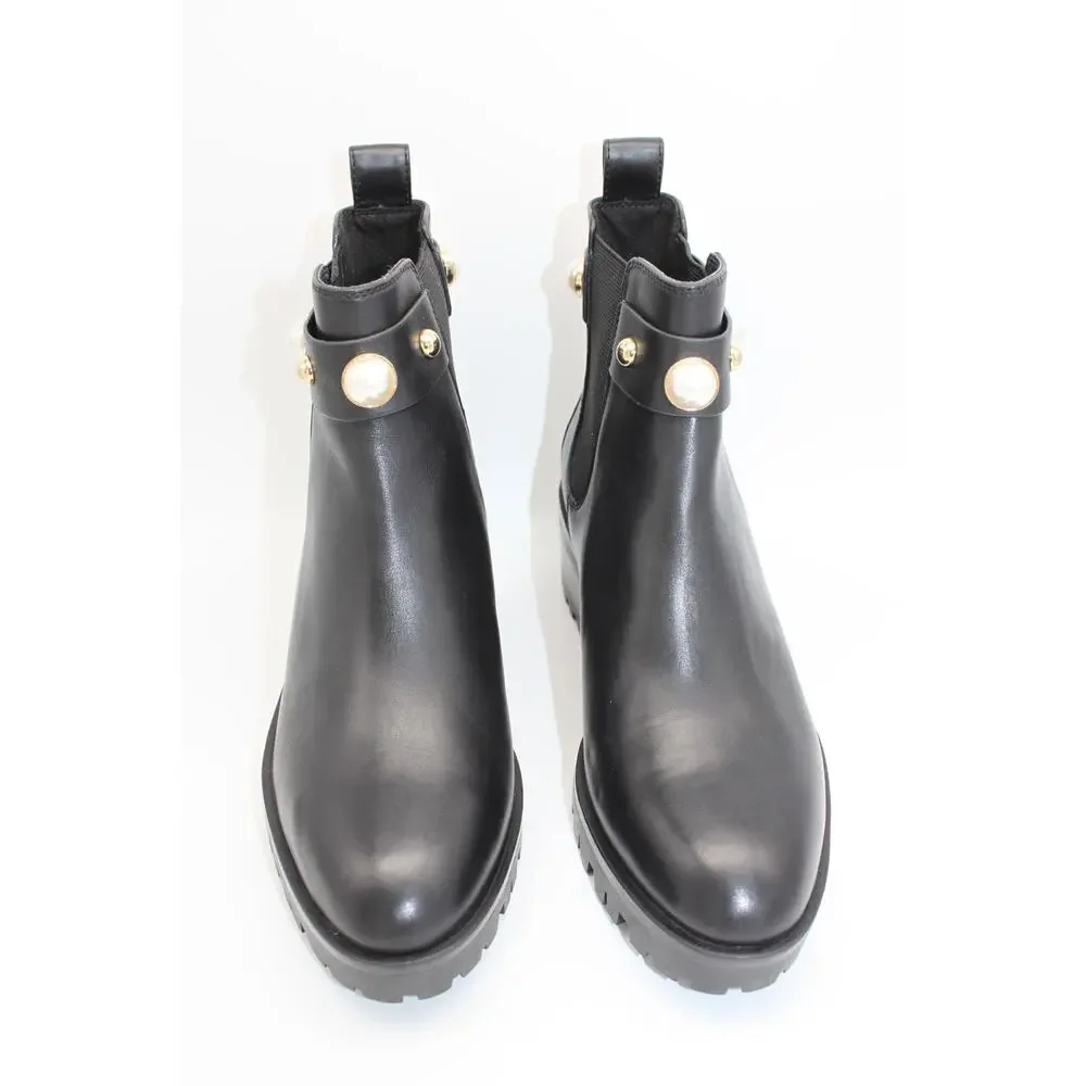NWT Karl Lagerfeld Paris Pola Black Smooth Calf Lea Gold Pearl Boots Size 7.5M - Picture 1 of 13